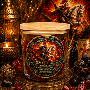 ✨ Vela Energizada São Jorge – Cascas e Folhas com Turmalina Negra – Proteção & Defesa Espiritual 8x8 cm