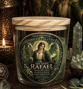 ✨ Vela Energizada Arcanjo Rafael – Alecrim com Quartzo Verde – Cura & Renovação 8x8 cm