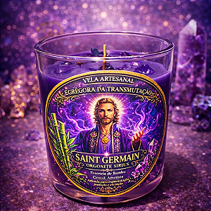 ✨ Vela Energizada Saint Germain – Bambu com Ametista – Transmutação & Proteção Espiritual 8x8 cm