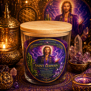 ✨ Vela Energizada Saint Germain – Bambu com Ametista – Transmutação & Proteção Espiritual 8x8 cm