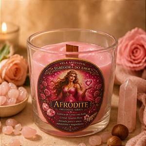 ✨ Vela Energizada Afrodite – Cereja com Aveia e Quartzo Rosa – Amor & Magnetismo 8x8 cm