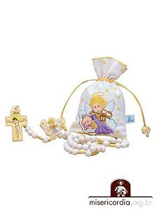 TERÇO INFANTIL ANJO DA GUARDA COM SAQUINHO DE TECIDO