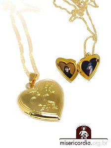 CORRENTE COM PINGENTE DE CORAÇÃO JESUS E SANTA FAUSTINA FOLHEADO A OURO
