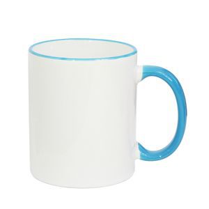 Caneca de Porcelana Branca c/ Alça e Borda Azul Clara - 325ml