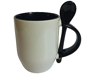Caneca de Porcelana c/colher Alça e Interior colorido