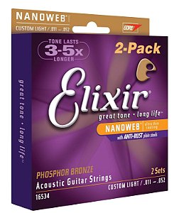 Pack Encordoamento Elixir Violão Elixir 011 Custom Light 16534 Nanoweb