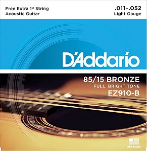 Encordoamento Violão Daddario 6 Cordas (.011-.052) - Light Gauge - (EZ910-B) - (80/15 Bronze) - CORDA MI EXTRA