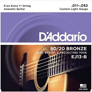 Encordoamento Violão Daddario 6 Cordas (.011 - .052) - Custom Light Gauge - (EJ13-B) - (80/20 Bronze) - CORDA MI EXTRA