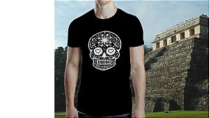 Camiseta Algodão Manga Curta Preta Estampa Caveira Branca