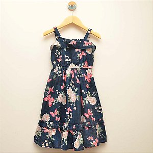 Vestido decote com babado - estampa flores e borboleta