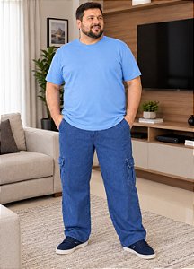 Calça Cargo e Plus Size com Cintura de até (175 cm )de Jeans Grosso e Cós de Elástico Ref 818
