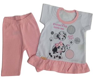 Conjunto Bebê Menina Rosa Malha Manga Curta