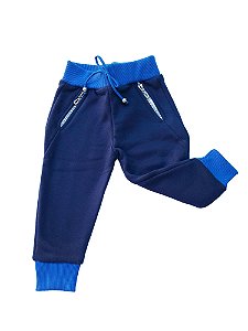 Calça Bebê Moletom Menino Azul com Punho