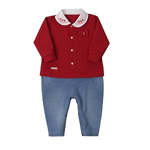 Macacão Bebê Menina Denim Jeans com Malha Tricot Vermelha Paraíso