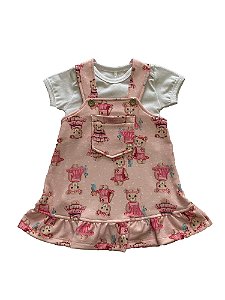 Vestido Bebê Menina com Body Rosa Estampado Lessa Kids