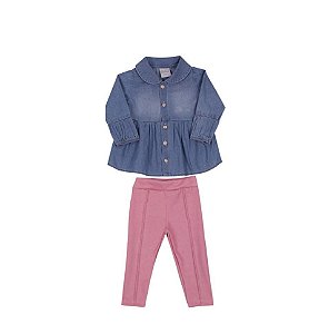 Conjunto Bebê Menina com Bata Jeans Colete de Pelo e Calça Suede Paraíso