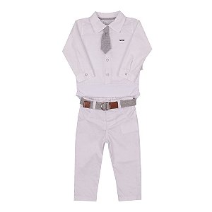 Conjunto Bebê Menino com Body Camisa e Calça de Sarja Branco Paraíso