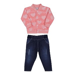 Conjunto Bebê Menina com Jaqueta Rosa Coral e Calça Jeans Paraíso