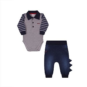 Conjunto Bebê Menino com Body Mescla e Calça Jeans Paraíso