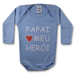 Body Bebe  Personalizado Frase Papai Meu Heroi Azul Manga longa