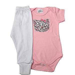 Kit Roupa bebe 1 body 1 Mijao Suedine Bordado Menina