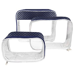 Organizador Para Mala Bebe Porta Objetos 3 Peças Transparente Bordada Azul Marinho