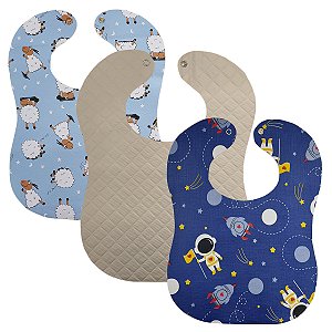 Kit 3 Babador Bebe Impermeavel 25x34cm Varias Estampas Sortidas Botão Pressão Menino Menina