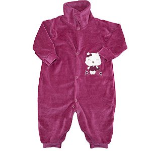 Macacão Em Plush Manga Longa Baby Deluxe Roxo Gatinha Bordada Feminino