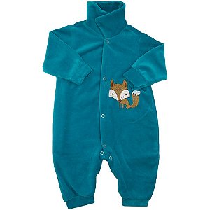 Macacão Em Plush Manga Longa Baby Deluxe Azul Raposinha Bordado Masculino