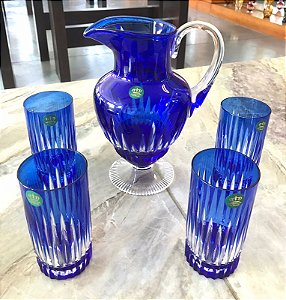 JARRA + 4 COPOS LONG DRINK CRISTAL IMPERATTORE BY STRAUSS - COR AZUL - CX 5 PÇS