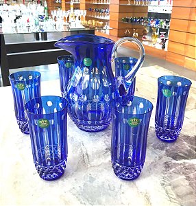 JARRA + 6 COPOS LONG DRINK CRISTAL IMPERATTORE BY STRAUSS - COR AZUL - CX 7 PÇS