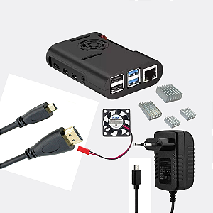 Kit Acessórios Raspberry Pi 4 Case abs preta Cooler Fonte Cabo Microhdmi