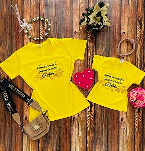 T-shirts Mãe e filha amarela Gratidão e Fé