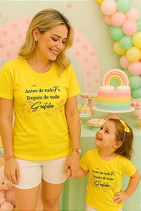 T-shirts Mãe e filha amarela Gratidão e Fé