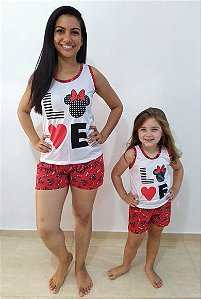 Pijama Verão Mãe e Filha Love Vermelho