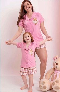Kit Pijama Mãe e filha Verão Americano Urso Rosa