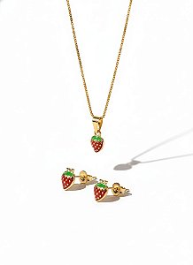 Conjunto Infantil Colar e Brincos Morango Dourado