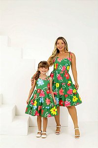 Kit vestido Mãe e Filha três marias floral verde