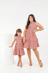 Vestido Tal Mãe, Tal Filha Estampado Geométrico Rosa – Kit Mãe e Filha