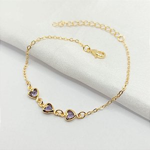 PULSEIRA DOURADA 3 CORAÇÕES UVA