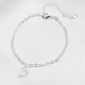 PULSEIRA PRATA ELO CADEADO COM CORAÇÃO FIO MEIO CRAVEJADO