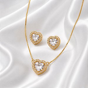 Conjunto Semi-Joia Coração dourado chavejado zircônia Luxo