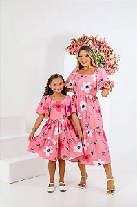 Vestido Tal Mãe, Tal Filha Flores Rosa– Kit Mãe e Filha