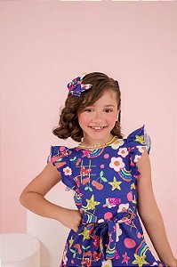 Vestido Infantil Menina Estampado com Babados e Faixa na Cintura