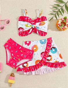 kit 3 peças Biquíni infantil donuts rosa com saida de praia