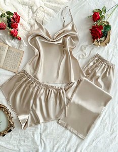 Kit Pijama Feminino 3 Peças com Alcinha, Shorts e Calça