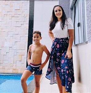 Kit Moda Praia Mãe e Filho – Saída de Praia Feminina + Sunga Infantil Estampa Combinando