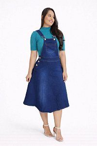 Jardineira Jeans Feminina Midi com Alças Reguláveis e Bolsos