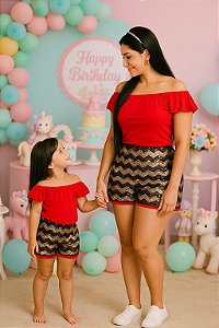 Mãe e filha bermuda luxo vermelha