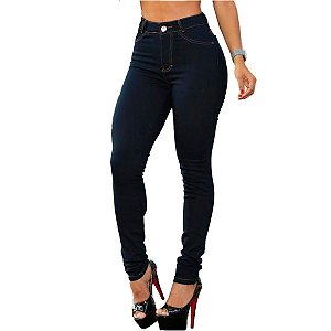 Calça Jeans Feminina Azul Escura Cintura Alta Skinny Com Elastano